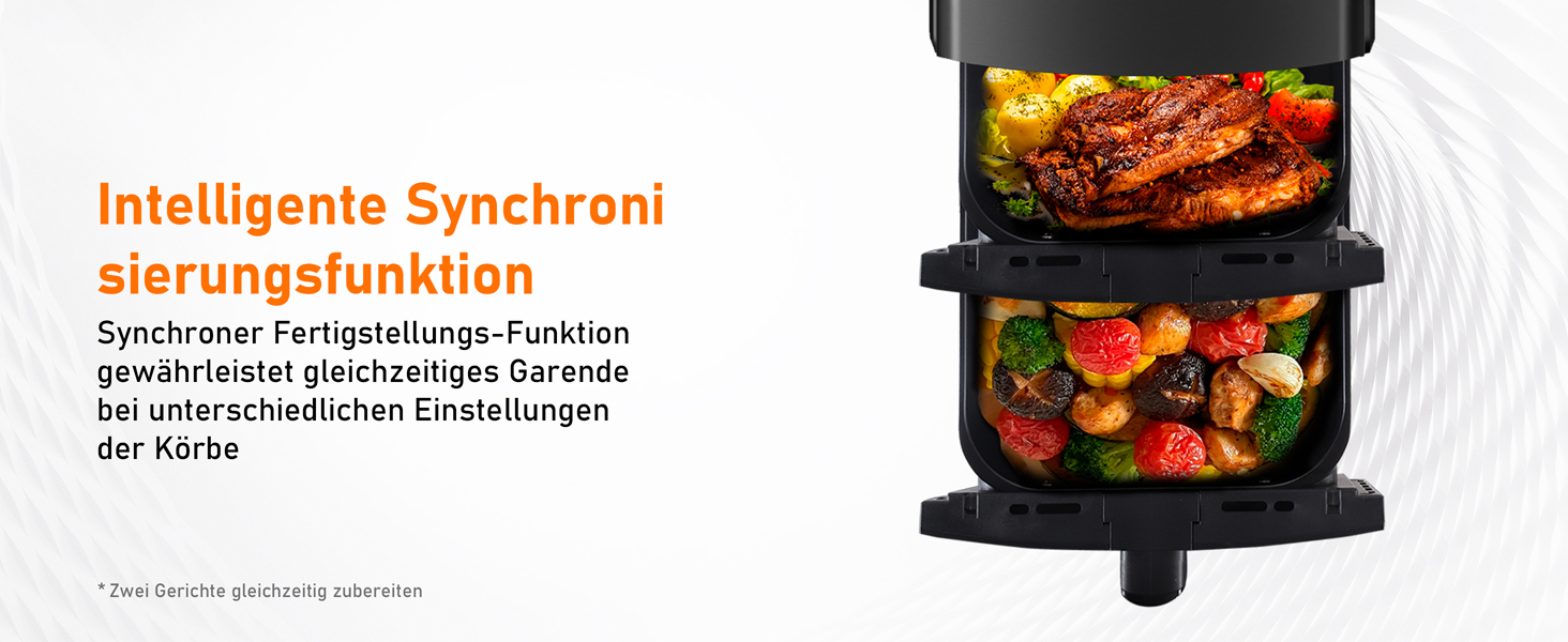 Фритюрниця без олії з 2 камерами на 10 літрів, Airfryer з 2 відсіками по 5л, тиха робота, 10 програм, приготування 2 страв одночасно, з оглядовим вікном, 3D циркуляція повітря