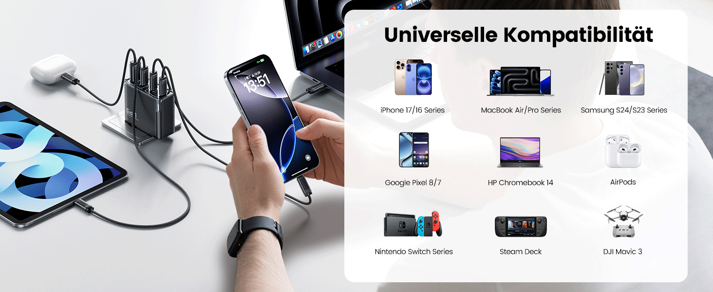 Зарядний пристрій USB-C toocki 140W GaN з 4 портами (USB-C + USB-A) PD3.1 для iPhone, MacBook, Samsung та інших пристроїв