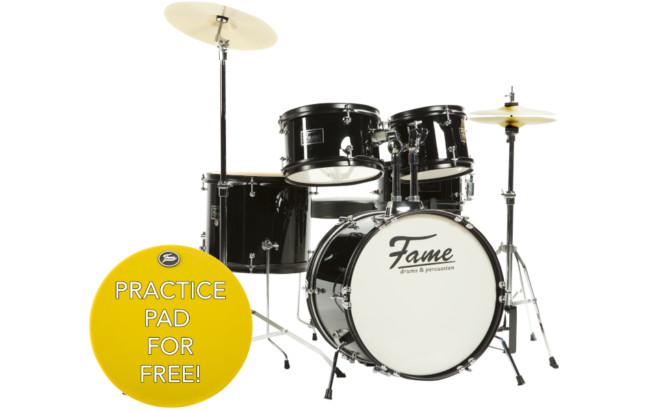 Fame 5-Piece Drum Set Black - Комплект барабанів з аксесуарами, включаючи бас-барабан, томи, малий барабан, стійки та табурет