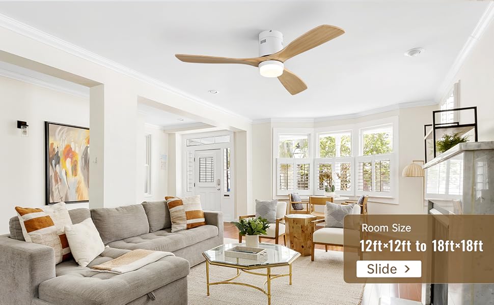 Стеляний вентилятор Sofucor з дистанційним керуванням, дерев'яний з 3 лопатями, 132 см, тихий, 6 швидкостей, таймер, DC двигун, літньо-зимовий режим, для спальні (з підсвічуванням та кріпленням Flush Mount, натуральне дерево)