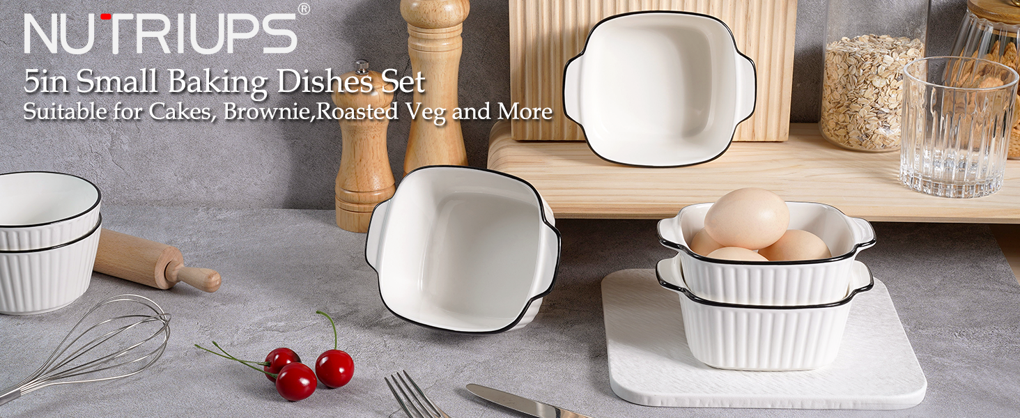 Набір форм для запікання NUTRIUPS 400мл (4 шт.), кераміка, 14.5 x 11.5 x 5.5 см. Квадратні форми для випічки, фритюрниці, духовки та мікрохвильовки. Зеркальне покриття