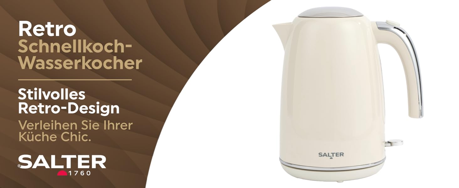 Електричний чайник Salter Retro Cream 1.7L з ретро-дизайном, 2.2 кВт, 360° обертання, фільтр від накипу, бездротовий, індикатор рівня води, захист від сухого кипіння, автоматичне вимкнення, кремовий колір
