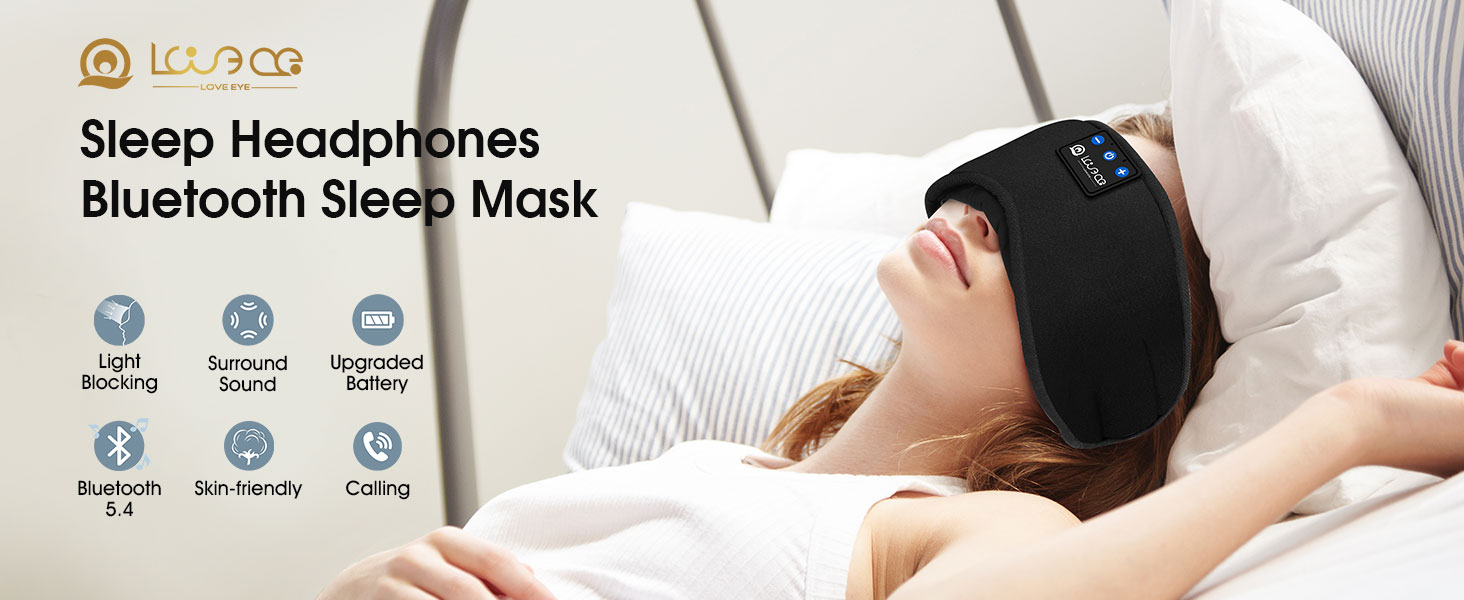 Маска для сну для тих, хто спить на боці, з Bluetooth навушниками. 100% непрозора маска для очей, ультрам'яка. Для подорожей, сну, йоги, медитації. Чорна. 1 шт.