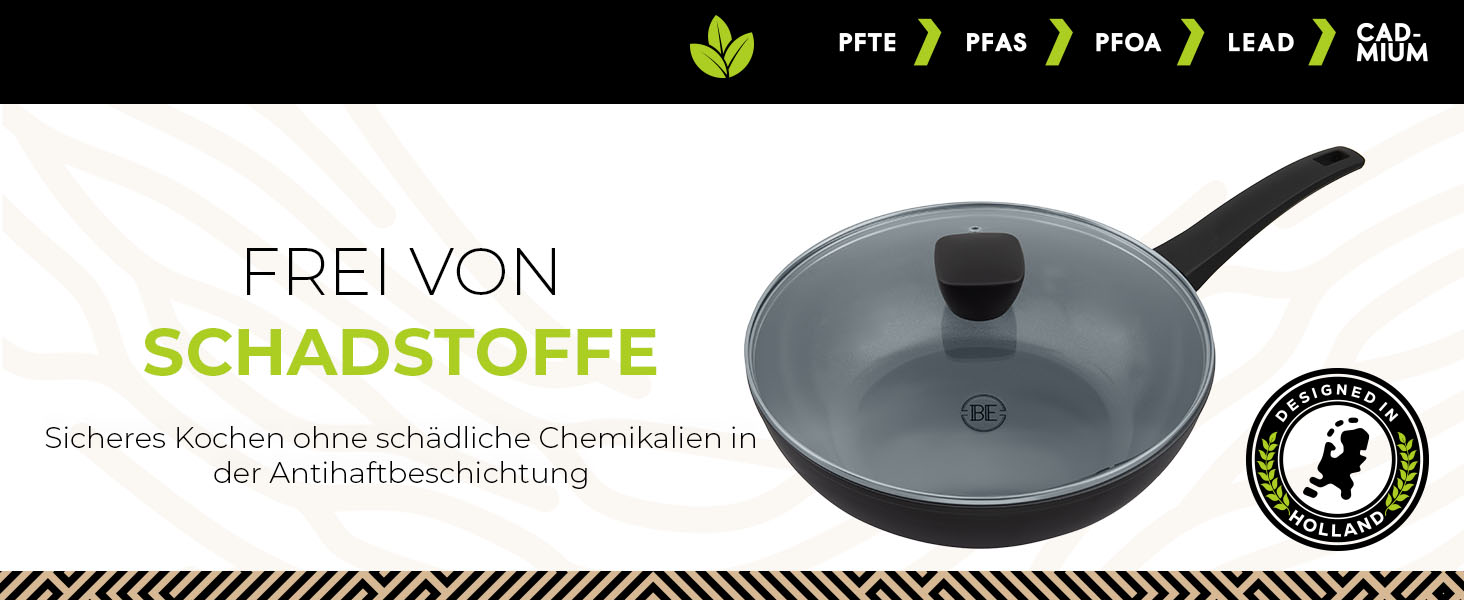 Набір сковорідок Be Living Delight 4 шт. (20/24/28 см + Вок 28 см з кришкою), антипригарне покриття кераміка, для індукційних плит, без PTFE та PFOA, чорний