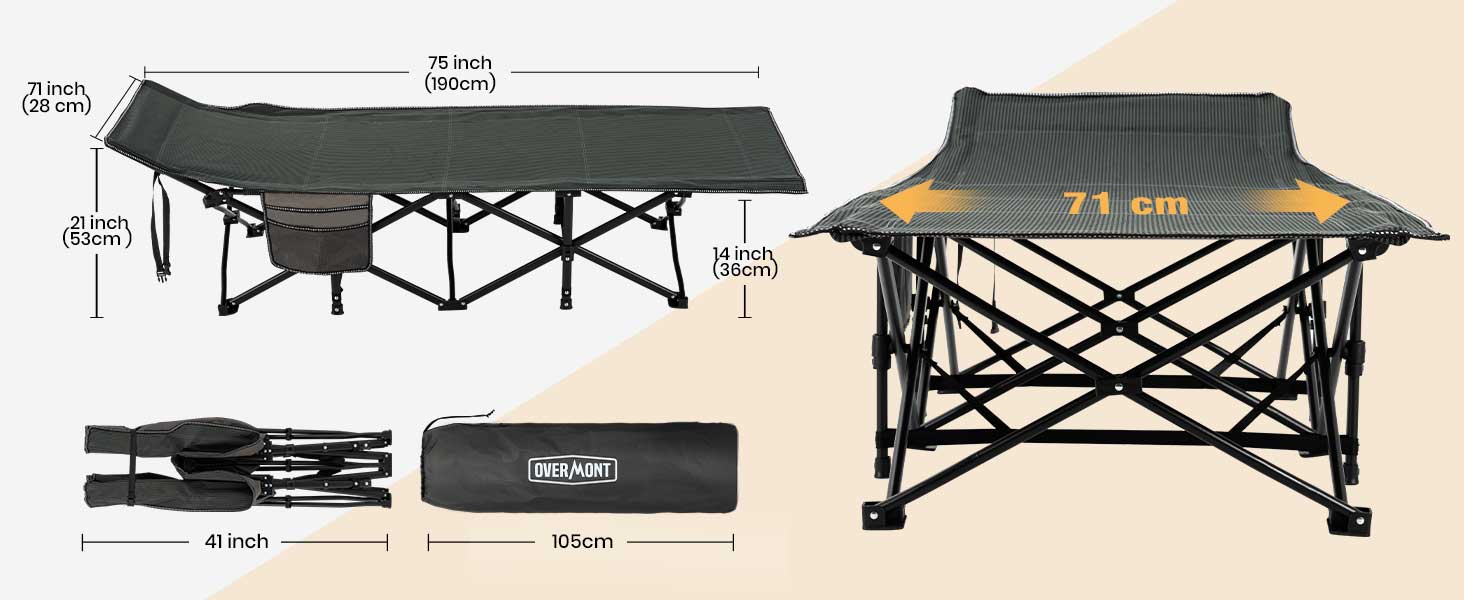 Розкладне ліжко OVERMONT для кемпінгу - туристичне ліжко 190x71x36 см, до 250 кг, Oxford 2400D, з кишенею, сумка, чорний/сірий, без матраца