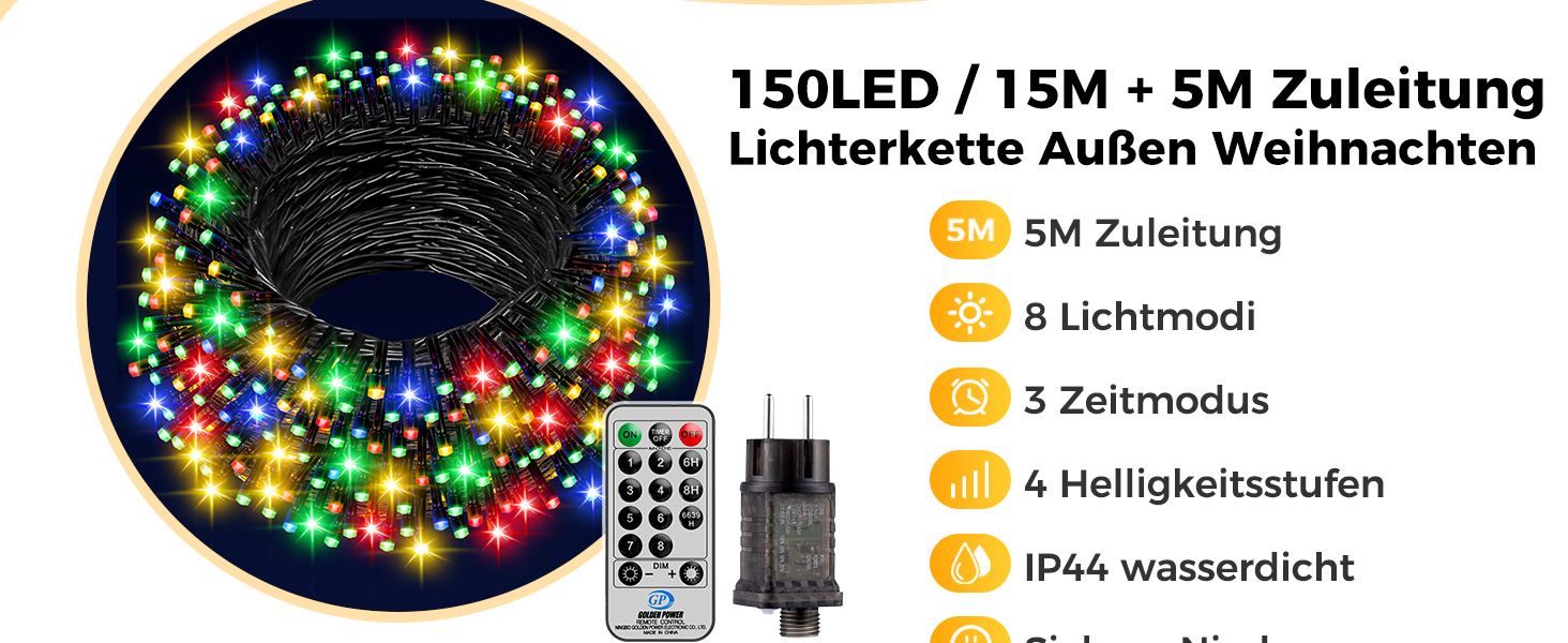 LED гірлянда для прикраси ялинки та декору на балкон/сад: 5м, 150 LED, тепле біле світло, 8 режимів, таймер, пульт, для внутрішнього та зовнішнього використання