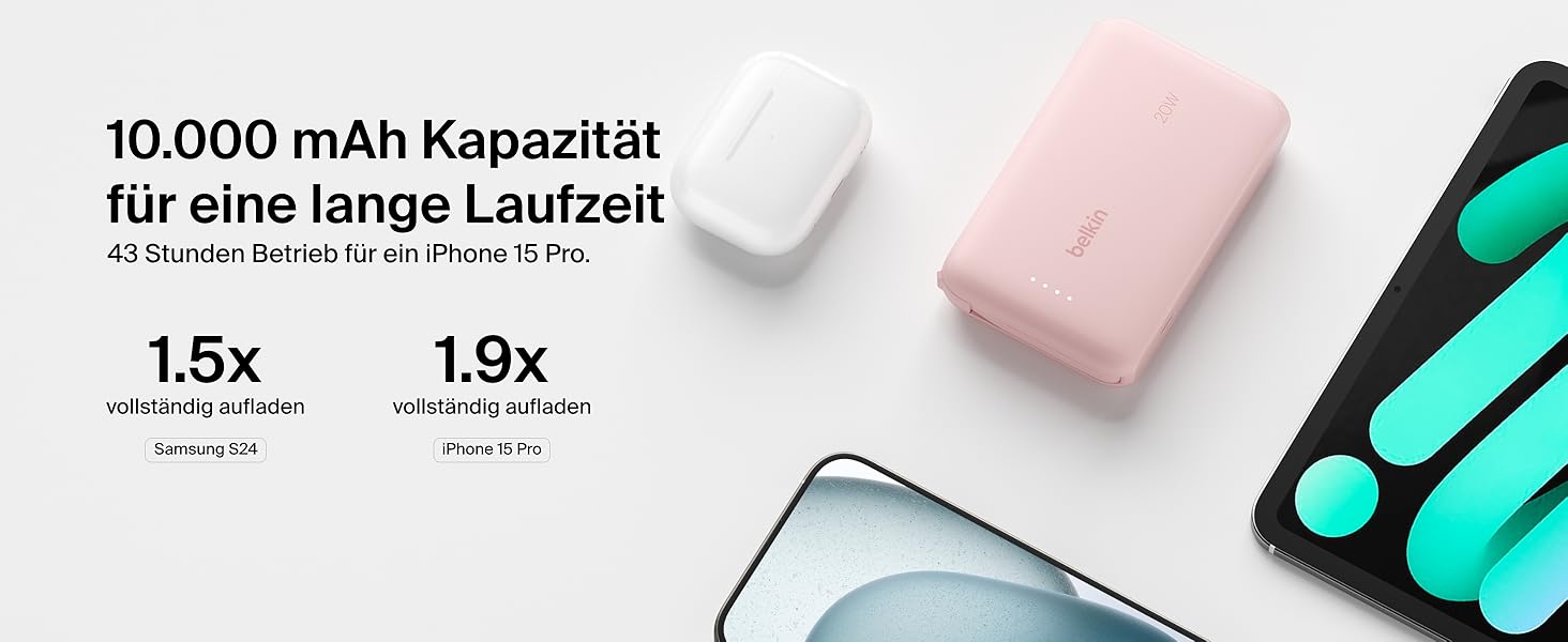 Повербанк Belkin BoostCharge 10000mAh з вбудованим кабелем USB-C, 20W, LED-індикатором, рожевий