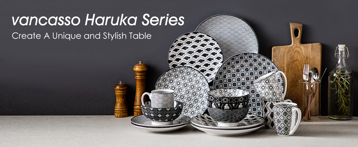 Набір посуду Vancasso Haruka 16 предметів: тарілки для їжі (26.5 см), десертні тарілки (21.5 см), миски для каші (15.2 см) та чашки (360 мл) чорного та кремового кольорів