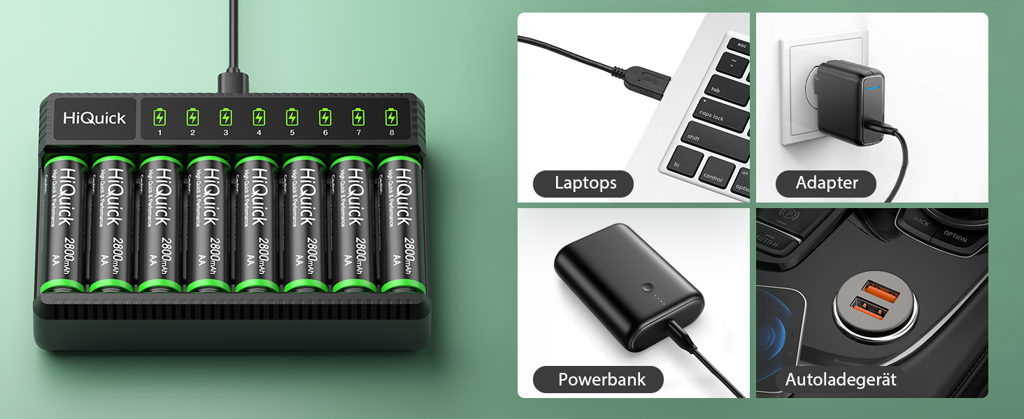 Зарядний пристрій HiQuick для акумуляторів AA AAA, 8 слотів з LED-дисплеєм, для NI-MH/NI-CD акумуляторів (без акумуляторів)