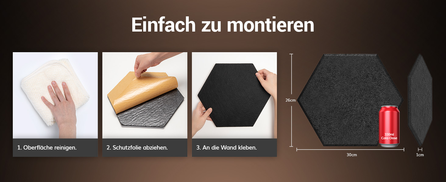 Акустичні гексагональні панелі TONOR самоклеючі, шумопоглинаючі плитки для стін 30x26x1 см, чорні (18 шт) для студії, офісу та геймерської зони