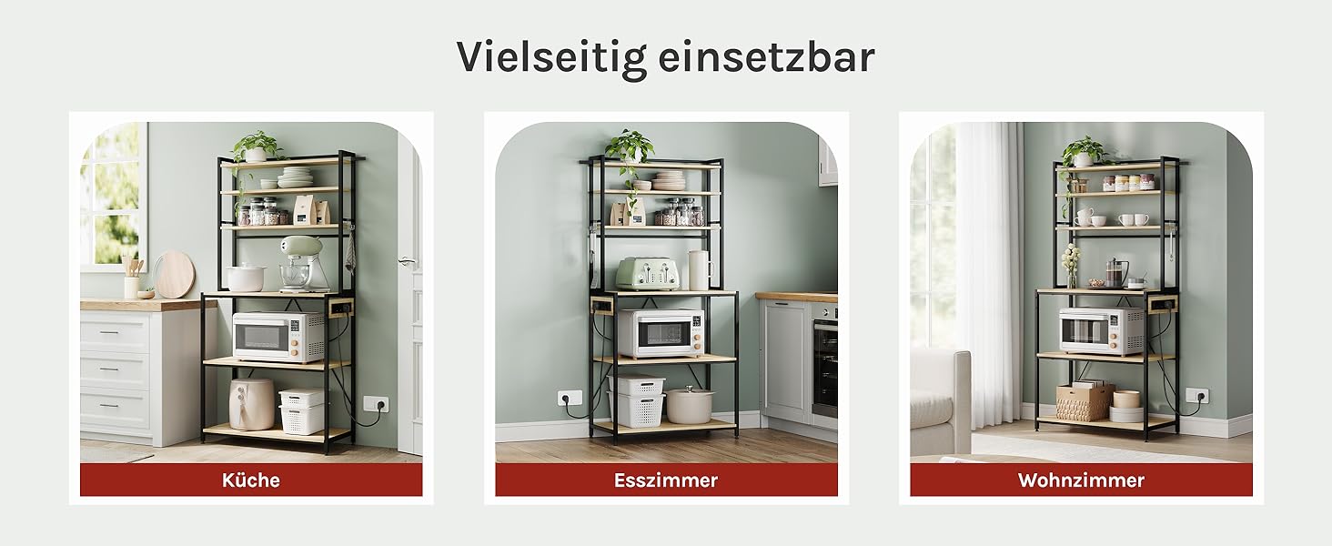 Кухонна полиця WOLTU з 6 ярусами, з розетками, мікрохвильова полиця з 6 гачками, полиця для пекаря з металевим каркасом, регульовані полиці, Чорний+Рустикальне коричневе, 60 x 167 x 40 см (Чорний+світлий дуб, 80 x 39,5 x 167 см)