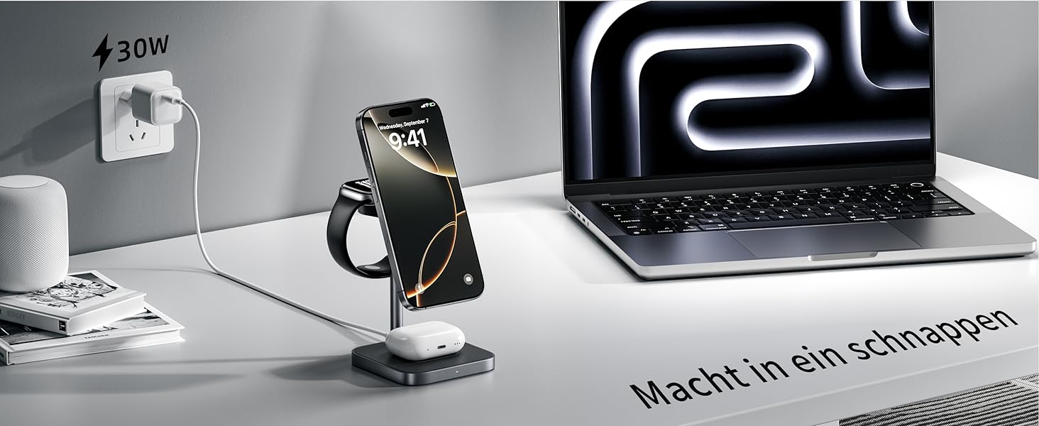 LULULOOK Qi2 Магсейф Зарядна Станція 3 в 1 з Алюмінію для Apple Watch та iPhone, 15W Швидка Зарядка (17 Pro Max/17 Pro/17 Air/17), 5W для Apple Watch Ultra, AirPods, Титан (Сірий)