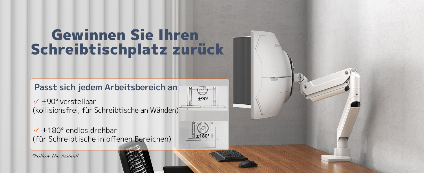 Кронштейн для монітора PUTORSEN Ultrawide до 49 дюймів (до 20 кг) — газліфт з регулюванням нахилу, повороту та обертання, VESA 75/100мм, білий