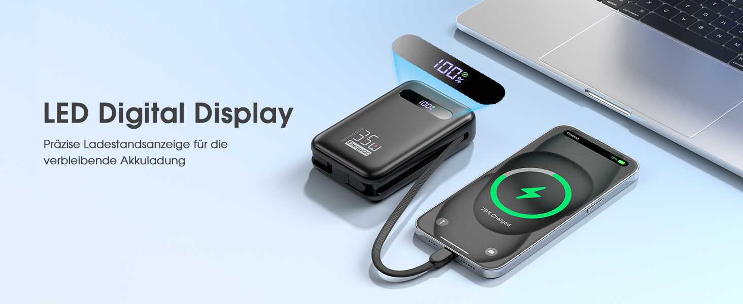 Powerbank 20000mAh з PD 35W, USB-C кабель, LED дисплеєм та 8 Pin кабелем. Чорний акумулятор для iPhone, iPad, Samsung Galaxy, Huawei та інших пристроїв