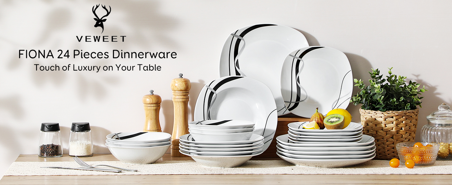 Набір посуду VEWEET FIONA 24 шт. для 6 осіб: 6 тарілок, 6 десертних тарілок, 6 супових тарілок, 6 мисок