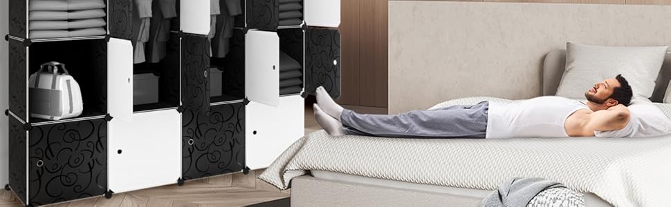 HENGMEI DIY Closet Wardrobe Storage Rack Shelf System 12-Cube Organization System Shoe Rack Closet with Door (Black) (20 Boxes)
