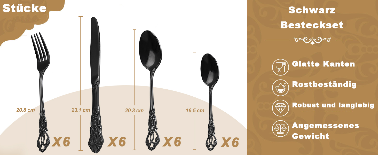 Набір столових приборів Retro на 6 осіб, 24 предмети, нержавіюча сталь, чорний, антикварний бароковий стиль