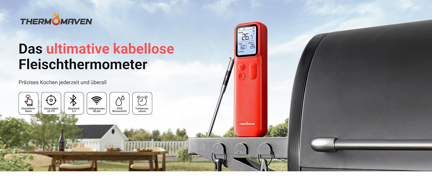 ThermoMaven P2 Розумний термометр для м'яса бездротовий Bluetooth 5.3, 6 сенсорів, Wi-Fi моніторинг, IPX8 водонепроникний, для гриля, духовки, кухні, фритюрниці (1 зонд)