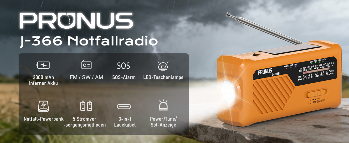 Радіо PRUNUS J-366 FM/AM/SW: Кисневе радіо, радіоприймач для надзвичайних ситуацій з акумулятором 2000mAh, ліхтарик, SOS-сигнал, зарядка для телефону. Чорний.