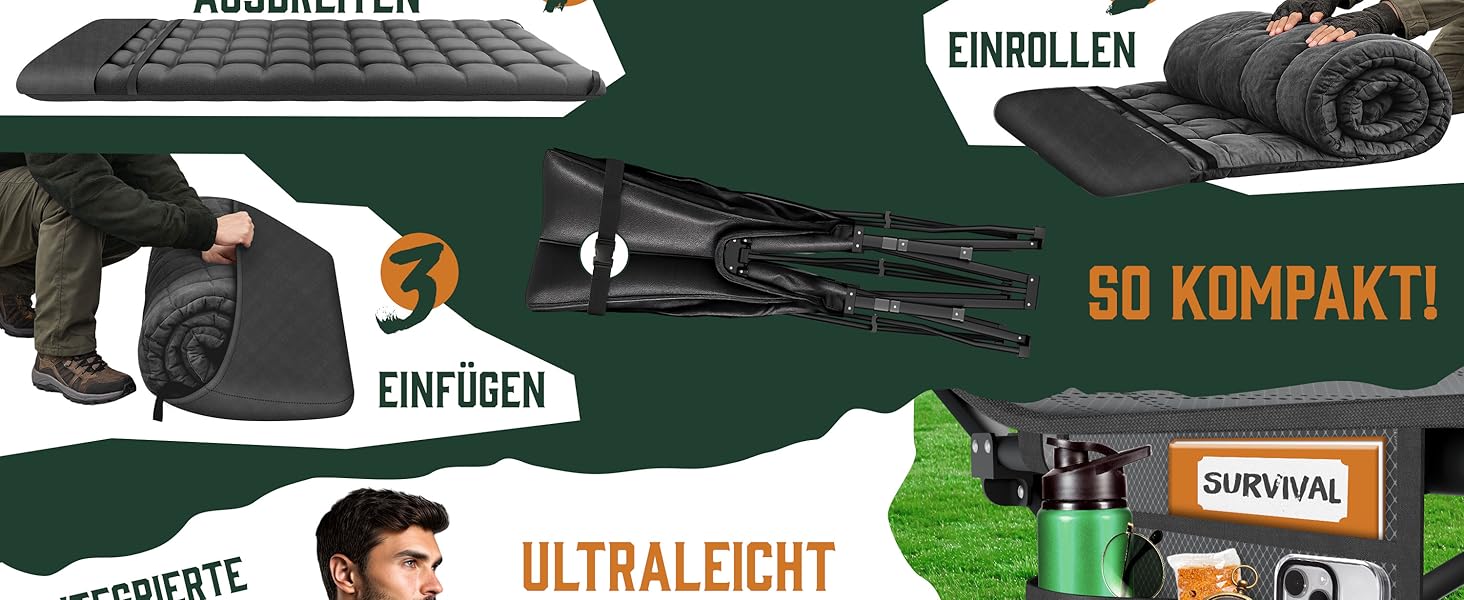 Ліжко кемпінгове розкладне ELONEO NEU Преміум з навантаженням до 200 кг | Гостьове ліжко, лежак для відпочинку в приміщенні та на вулиці | З сумкою для транспортування (Антрацит)