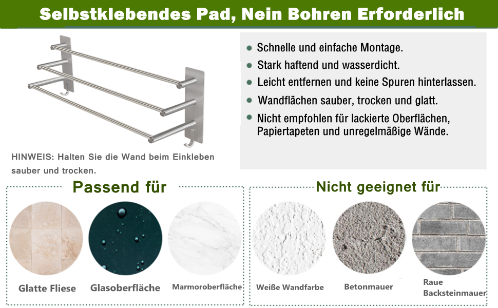 Тримач для рушників Vista з 3-ма перекладинами без свердління, нержавіюча сталь SUS304, сріблястий, з двома гачками, 60 см