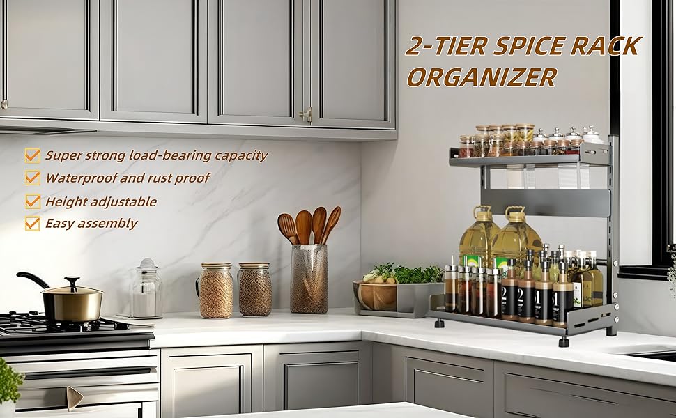 Металевий органайзер для спецій на 2 яруси, регульована висота, з захисним гратом та тримачем для ножів, чорний