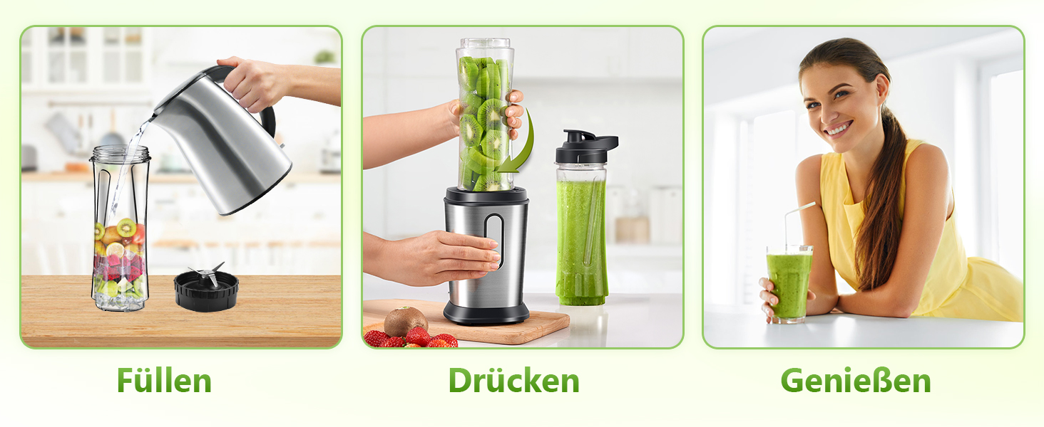 Міні-блендер Standmixer 500W з 2 пляшками Tritan, 4-лопатевий, для шейків та смузі, з нержавіючої сталі, портативний