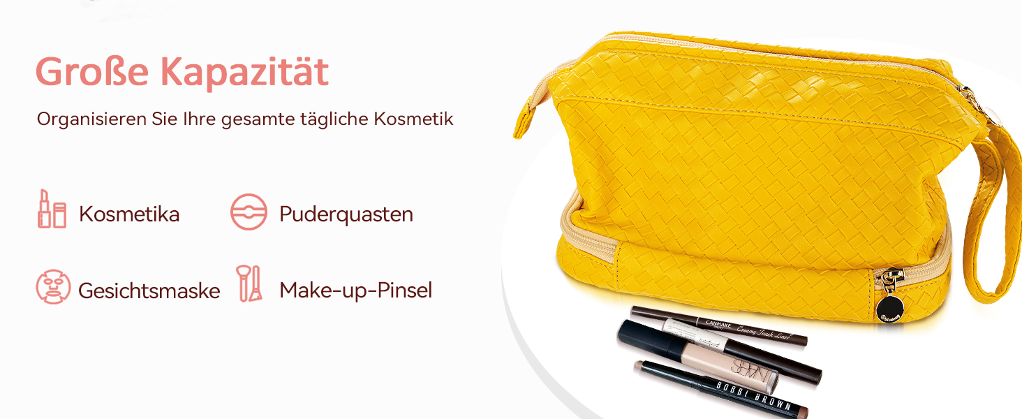 Жіноча косметичка-органайзер для макіяжу велика, водовідштовхувальна, з відділенням для пензлів, для подорожей (B-жовтий)