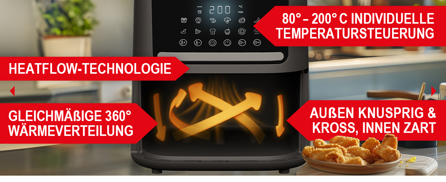 Фритюрниця ONBEST з великим оглядовим вікном та 12 програмами приготування – XL Airfryer об'ємом 6,5 л, 1600 Вт + 100 листів пергаментного паперу для випікання. Готування без олії для 2-5 осіб