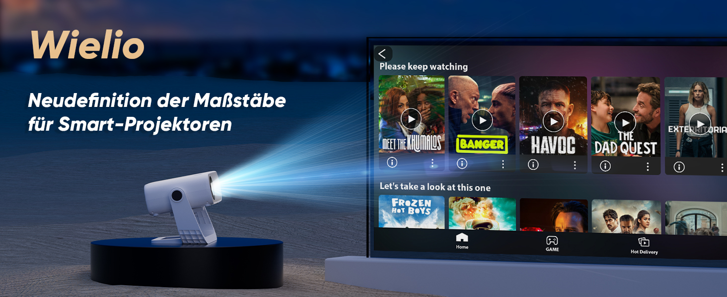 Розумний проєктор Beamer Full HD 1080P, 25000 люменів, Android 11, вбудовані додатки, 4D корекція трапеції, WiFi 6 & BT 5.2, проєктор для домашнього кіно 4K з поворотним підставою 120°, сумісний з iOS/Android/Laptops, чорний