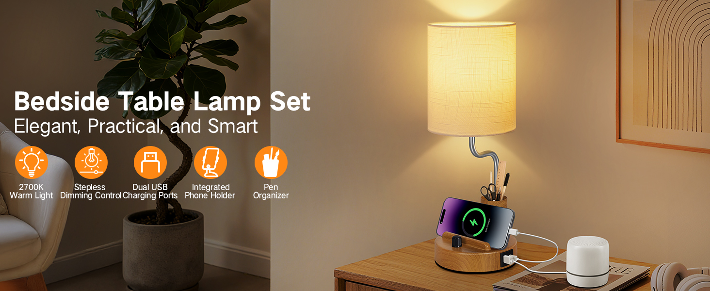Настільна лампа LED OUTON 2 шт. з USB-A та USB-C, торшери для спальні, вітальні, офісу, з тримачем для телефону та ручок, кераміка, тепле світло 2700K