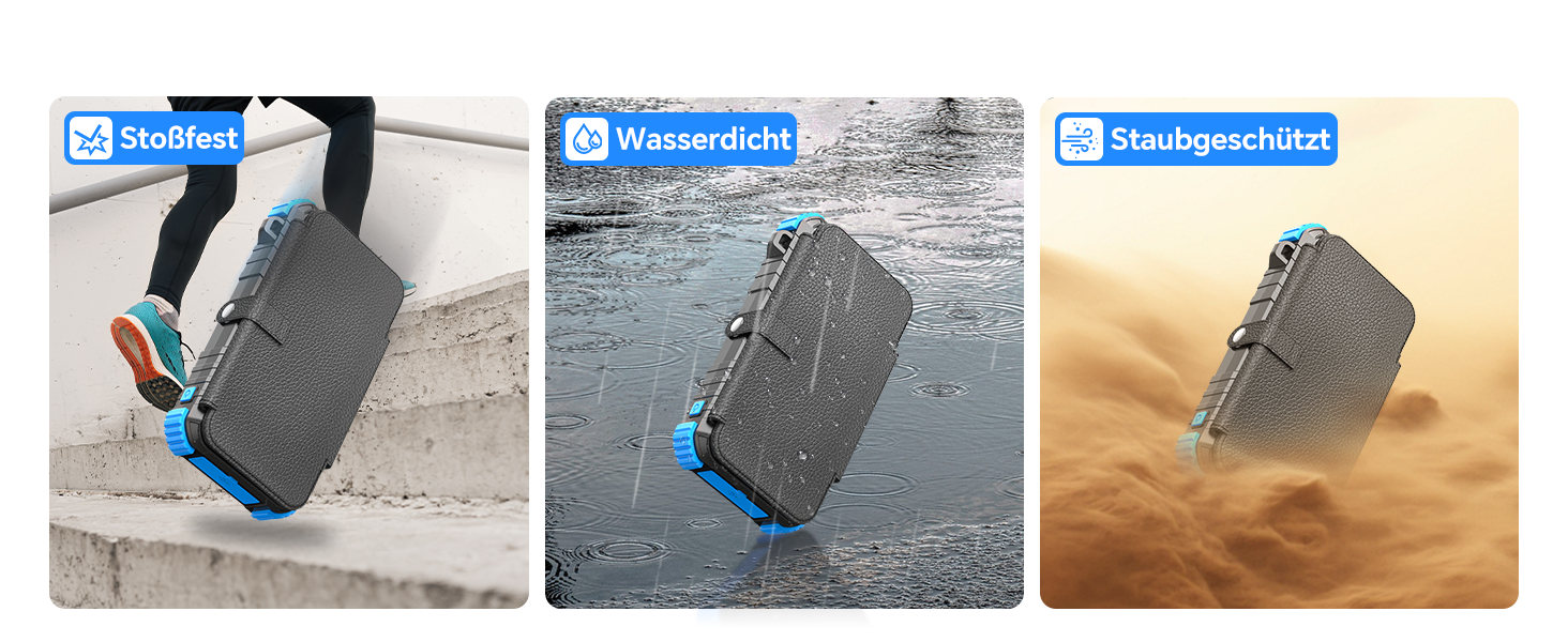 Powerbank Solar 26800mAh з USB-C, 5 виходів, водонепроникний, з карабіном та ліхтариком, для кемпінгу, телефонів та планшетів (блакитний)