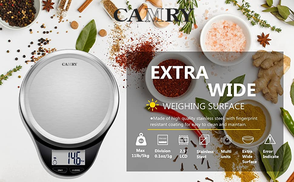 Кухонні ваги Camry: цифрова вага з нержавіючої сталі, LCD дисплей, точність 1г, максимальна вага 5кг, функція тарування, автовимкнення (червоний/чорний)