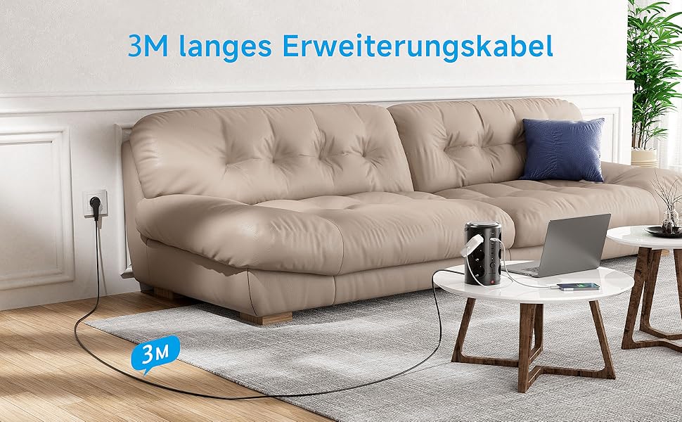 Багаторозеткова мережева стрічка з 5 USB, 12 розеток, захистом від перенапруги, 3м кабель, чорний колір