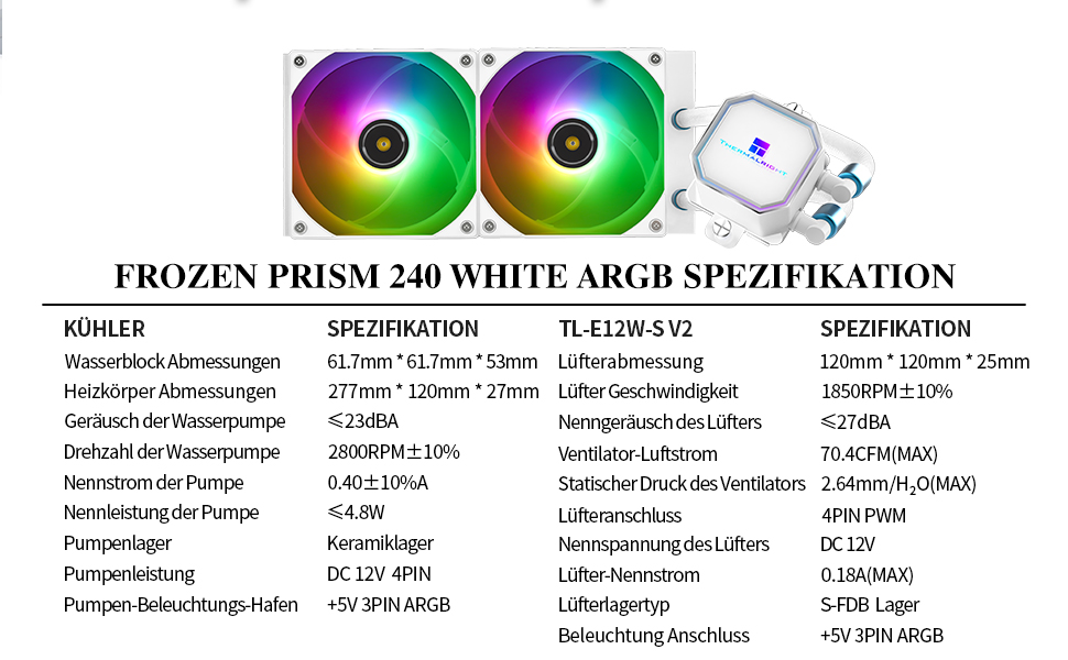 Система рідинного охолодження процесора Thermalright Frozen Prism 360 White ARGB, 360мм, 3 PWM вентилятори, для Intel LGA1700/1851 та AMD AM4/AM5, Білий