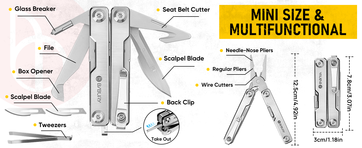 Мультитул BIBURY Mini 10-в-1: кусачки, пінцет, склобій, інструмент для кемпінгу та відпочинку на природі