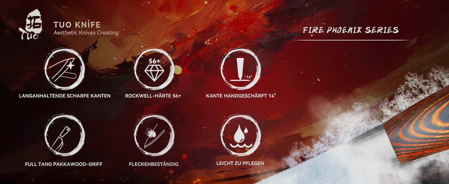 Японський ніж Nakiri TUO 16.5 см з нержавіючої сталі з ручкою Pakkawood, серія Fiery Phoenix