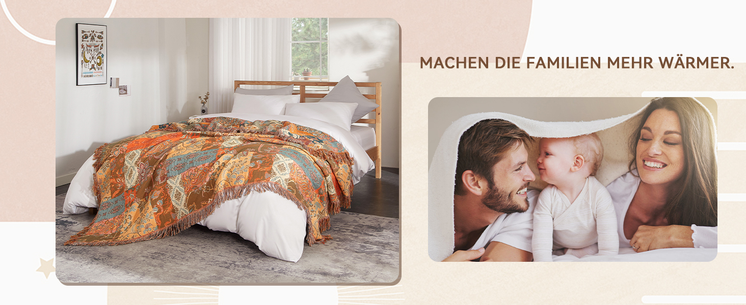 Богемна ковдра Boho Decke 100% бавовна – двостороння муслінова ковдра 150x200 см, м'яка ковдра для дивану та покривало на ліжко, естетичний дизайн, ідеально для вітальні та спальні, помаранчевий/зелений 150 x 200 см з квітковим візерунком