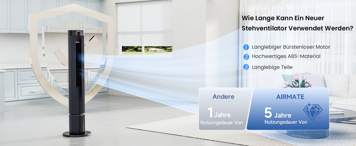 Турбовентилятор AIRMATE: 12 швидкостей, пульт ДУ, 10 м/с, 110 см, 3 режими, таймер 12 год, LED дисплей, 40W, сірий