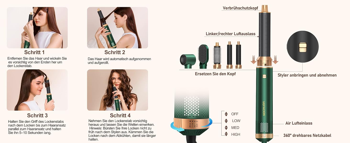 Мультистайлер для волосся 5-в-1 Air Styler 1000W: фен-щітка, автоматичний локон, вирівнювач та об'ємний стайлер, зелений