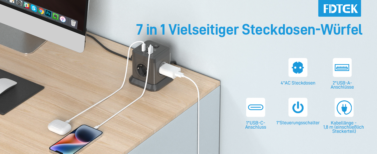 Багатофункціональний мережевий адаптер FDTEK 7-в-1 з USB-C та USB-A, 4 розетки, 2500W/10A, куб з вимикачем, кабель 1.8м, чорний