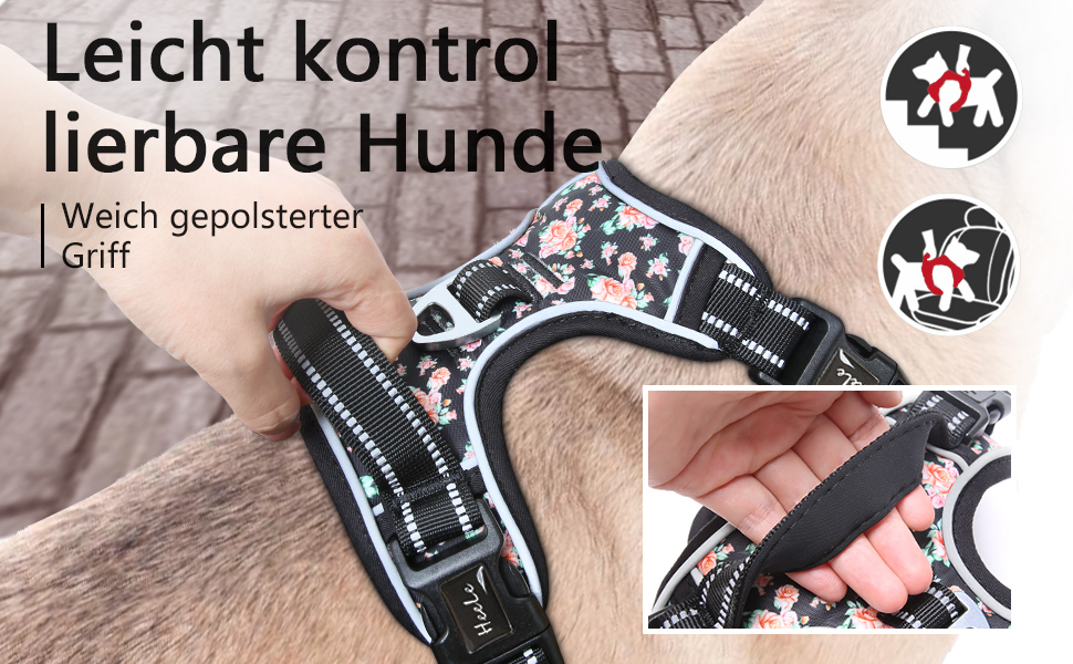 Шлейка для собак HEELE, рожева, квітковий принт, для середніх собак, 38-71 см, з м'яким ручним захопленням, світловідбиваюча