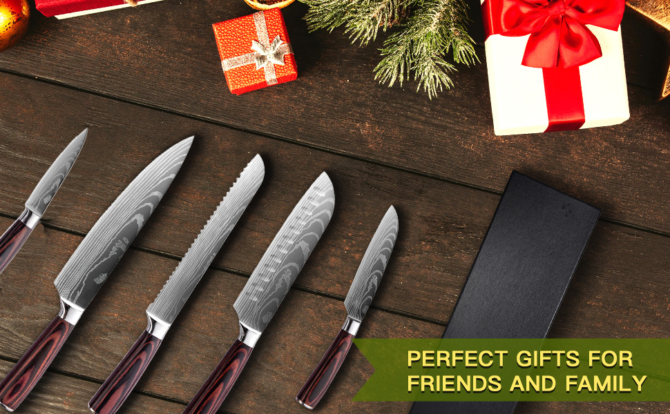 Набір кухонних ножів 5 шт. з нержавіючої сталі, преміум якість, ергономічні дерев'яні ручки, професійний кухонний набір, подарункова коробка