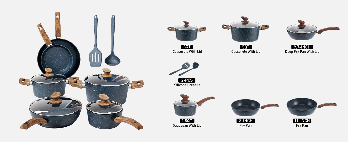 Набір посуду Kitchen Academy 12 предметів: каструлі та сковорідки з антипригарним покриттям, для плити, індукції та мікрохвильовки, блакитний