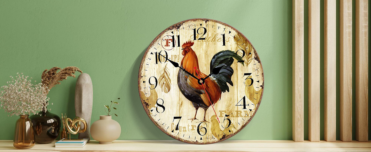Стіна годинник VIKMARI Rustic Rooster 14 дюймів — безшумний кварцовий, на батарейці, для кухні, круглий, преміум-якість