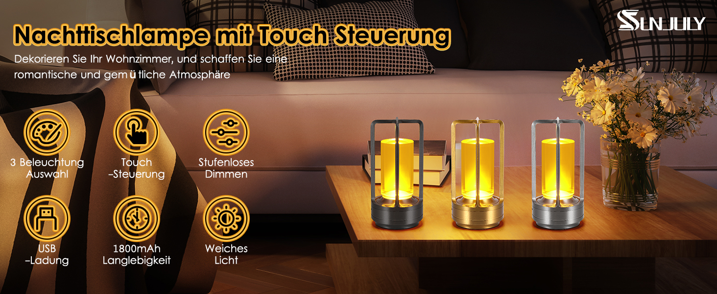 Торшер з торканням, бездротова LED лампа в стилі вінтаж, USB-зарядка, 3 кольори, регулювання яскравості, для спальні, офісу, вітальні, декор, подарунок (золотий)