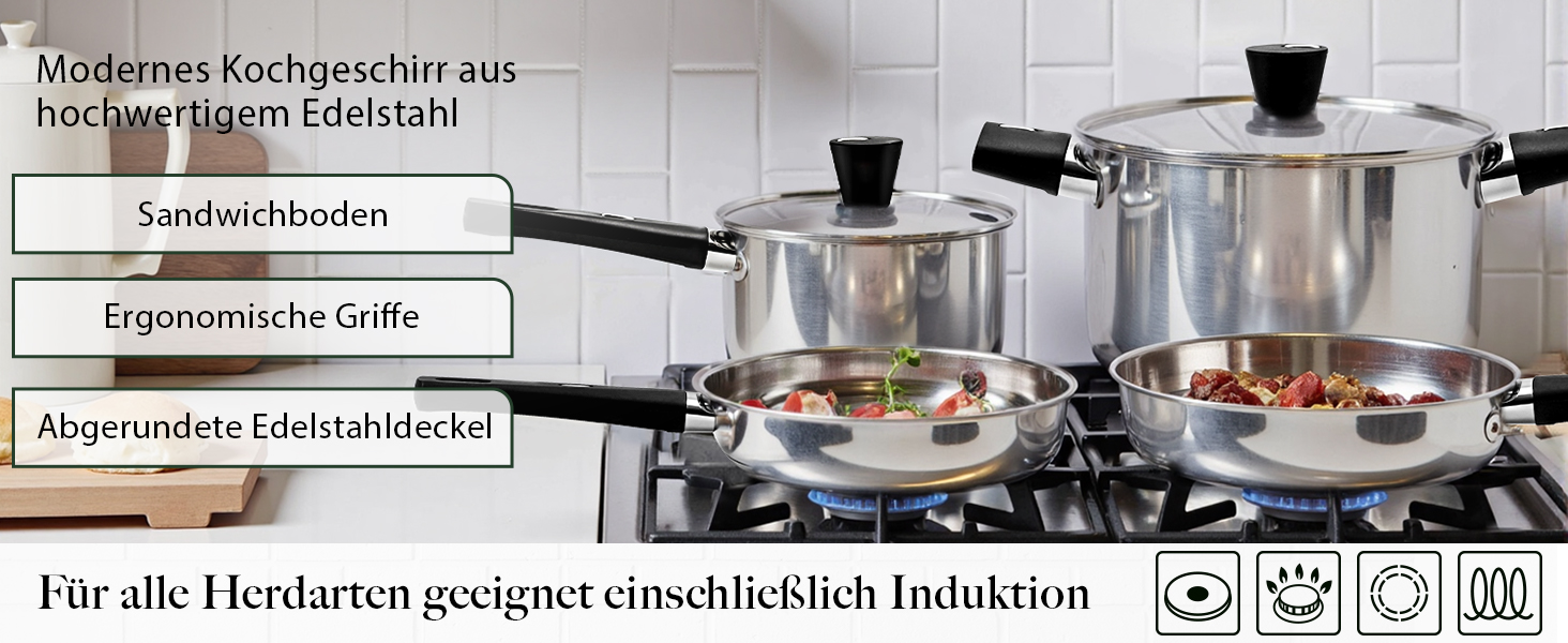 Набір каструль 6-ти частинний з нержавіючої сталі для індукційних плит, Cookware Set, без антипригарного покриття, сумісний з усіма типами плит, з кришкою та захистом від опіків, придатний для миття в посудомийній машині