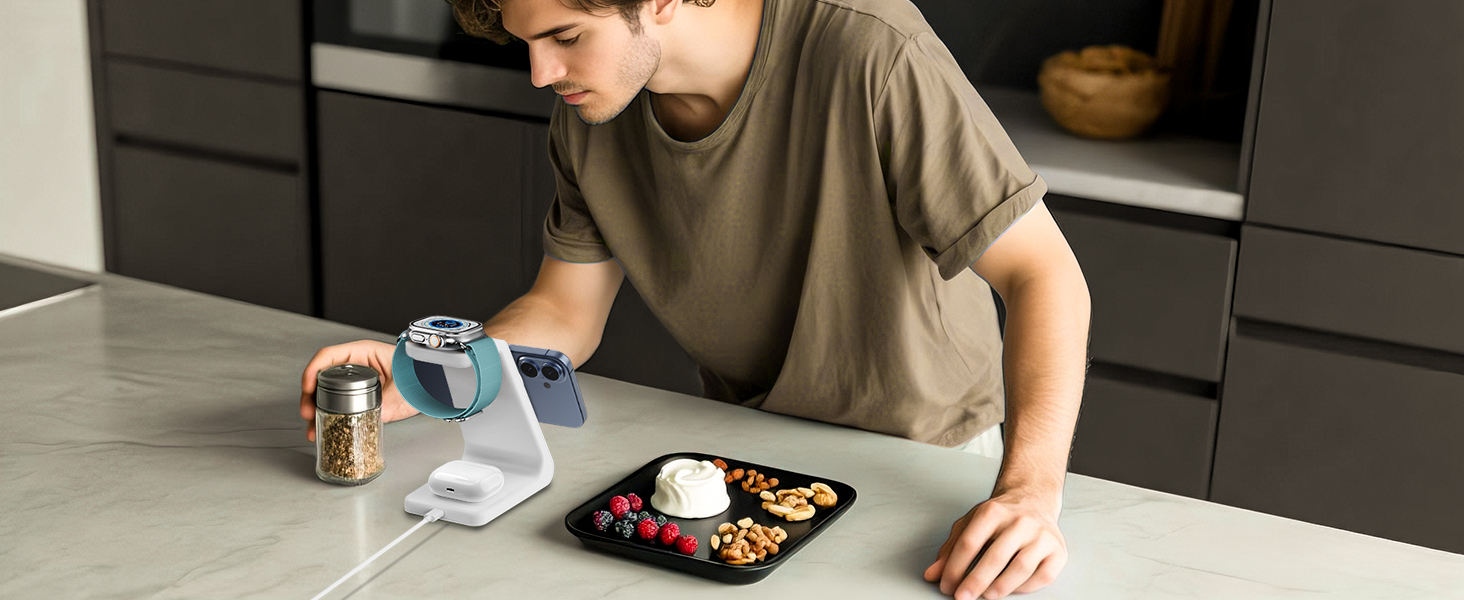 GEEKERA 3-в-1 зарядний пристрій Qi2 з MagSafe, 15W індукційна станція для iPhone 17/16/15/14/13/12, Apple Watch 11-2 та AirPods, білий/сірий