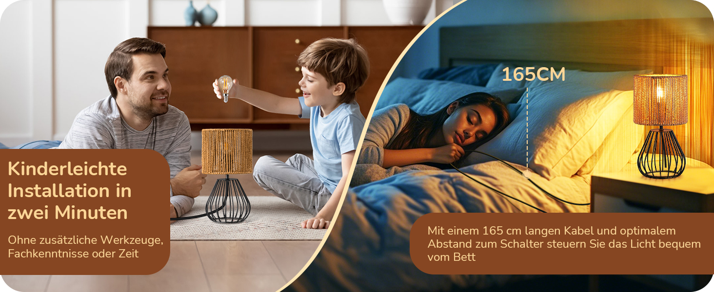 EDISHINE Настільна лампа, сучасний індустріальний дизайн, цоколь E14, вінтажна, для спальні/вітальні, бежево-чорна (тканинний кабель + чорний)