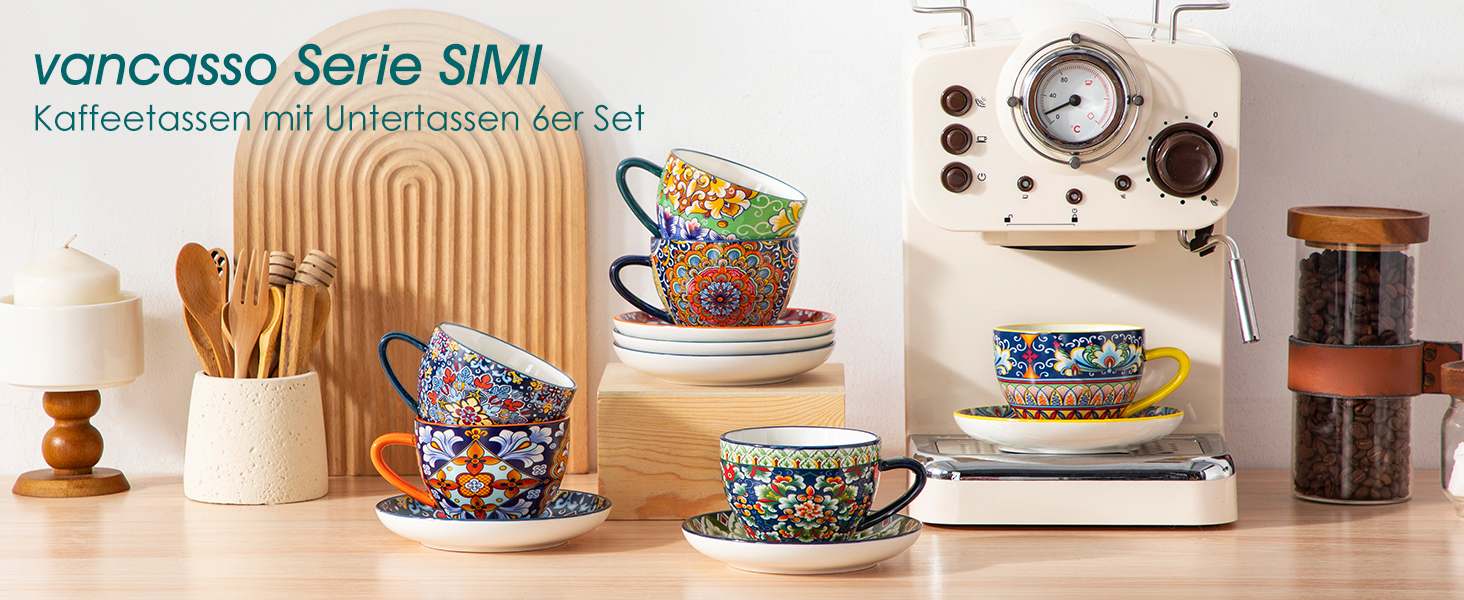 Набір кавових чашок капучино Vancasso SIMI (6 шт.) з блюдцями, 240 мл - фарфоровий посуд для 6 осіб, мікрохвильова піч, богемський стиль